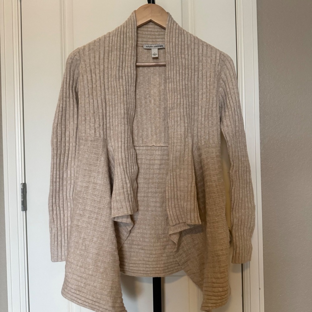 Autumn‎ Cashmere Rib Drape Cardigan Taupe Women's S Cashmere Wool Blend